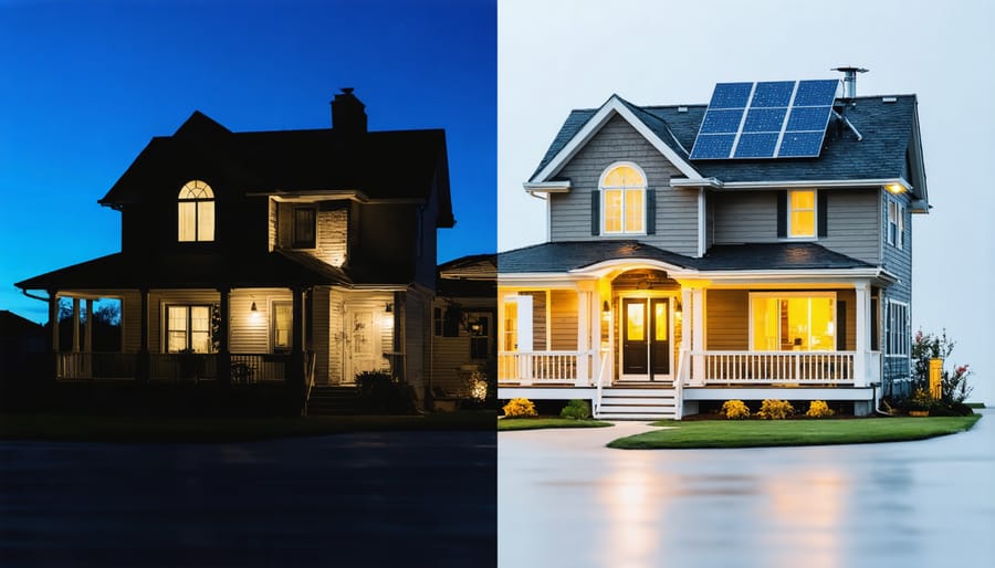 Side-by-side comparison showing house with and without microgrid during power outage