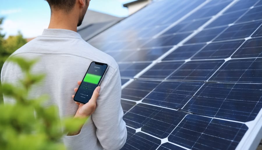 Homeowner checking solar battery status on mobile monitoring app