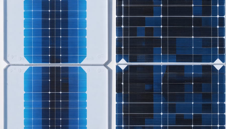 Side-by-side comparison of dark black monocrystalline cells versus blue-tinted polycrystalline solar cells