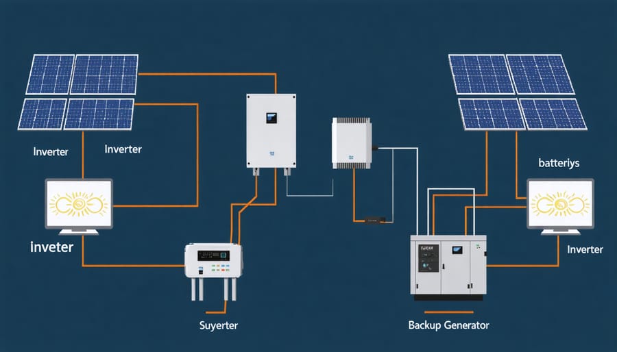 Technical diagram illustrating how solar panels, batteries, inverter, and backup generator connect in an off-grid system