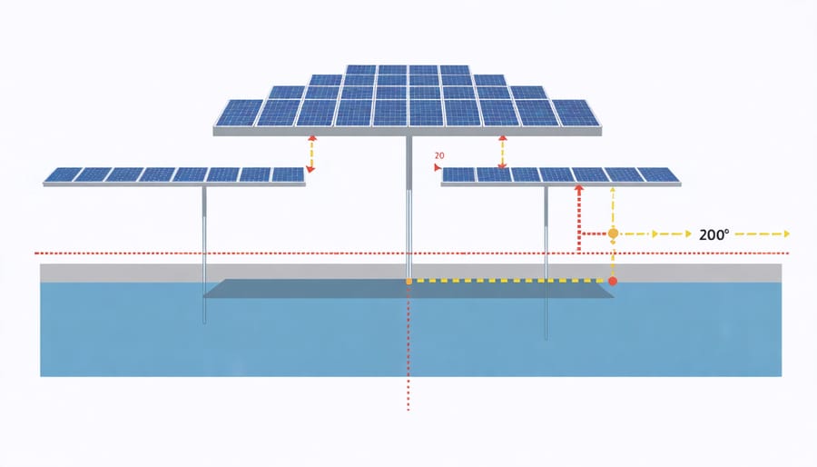 Technical illustration of solar panel placement angles and ventilation gaps for hot climates