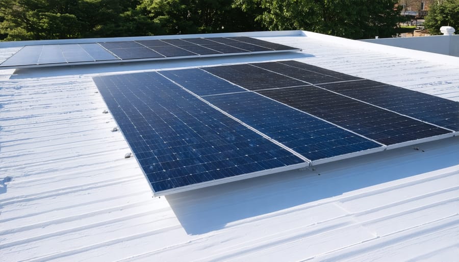 Polycrystalline solar panels installed on a residential roof during partly cloudy weather