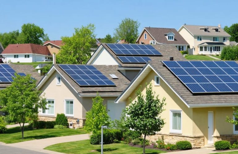 A vibrant suburban neighborhood with diverse homes, each showcasing different sizes of solar panel installations. A symbolic shield represents home insurance coverage and protection for solar investments.