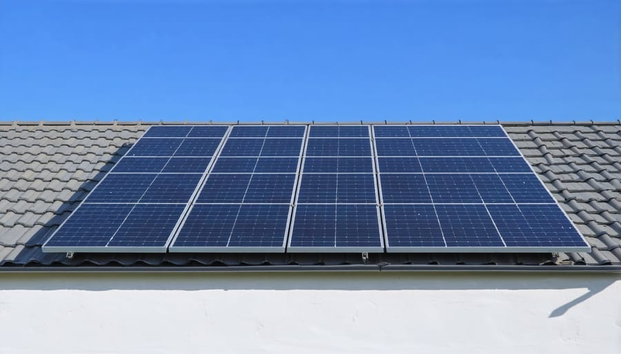 Solar panels installed on a residential home's roof with sunlight reflection