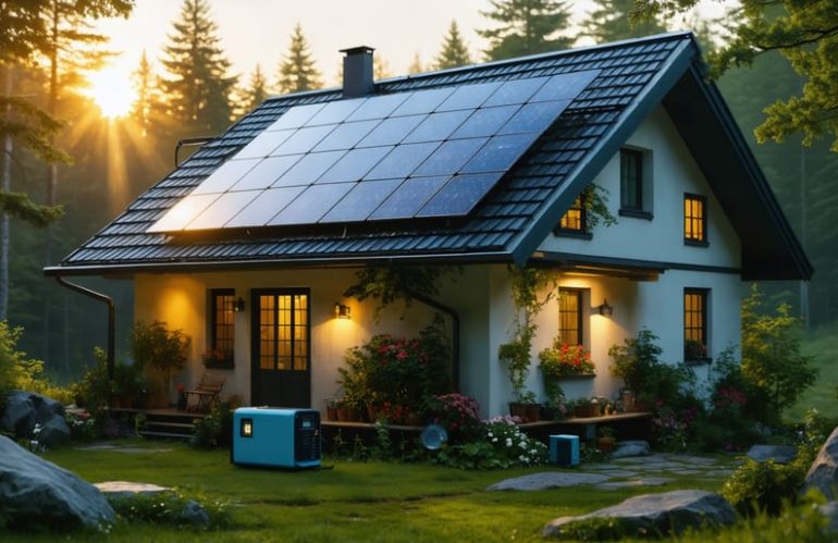 Artistic depiction of a home with solar panels basking in sunlight and a generator in the garden, demonstrating off-grid energy independence through day and night.