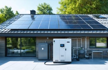 Illustration of a modern home with solar panels, battery storage, and a microgrid controller, symbolizing a futuristic, independent energy system.