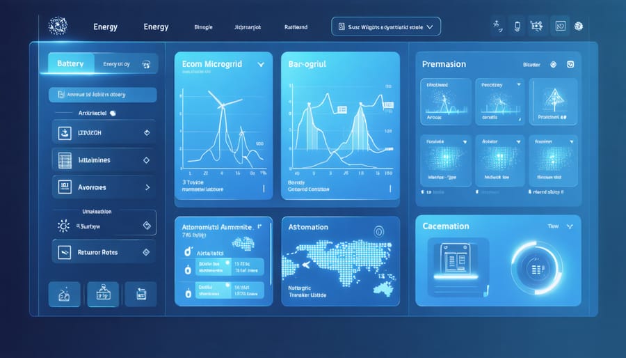 Smart home microgrid monitoring interface displaying real-time energy management data