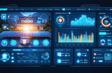 Conceptual illustration of a solar battery monitoring dashboard showing performance metrics and energy flow with colorful graphs and indicators in a residential setting.