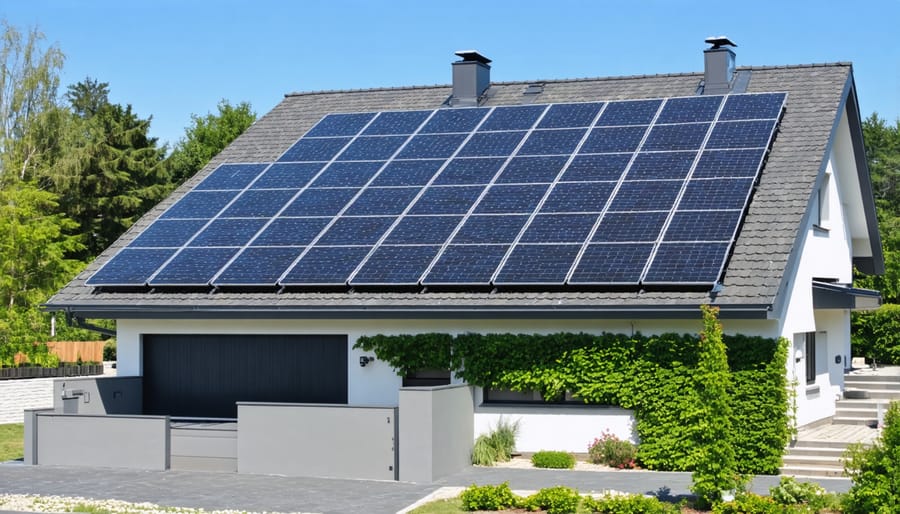 Residential solar panel array with visible battery storage unit and smart monitoring display