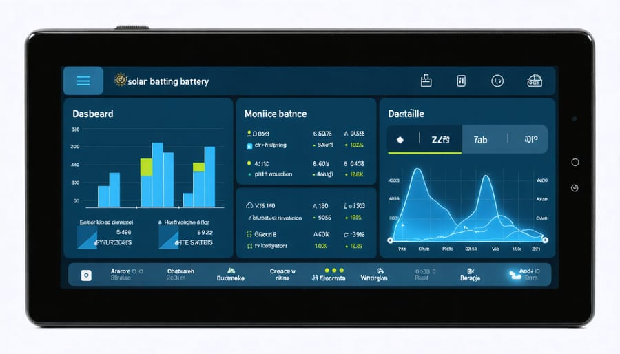 Digital interface displaying real-time solar battery performance and energy usage statistics