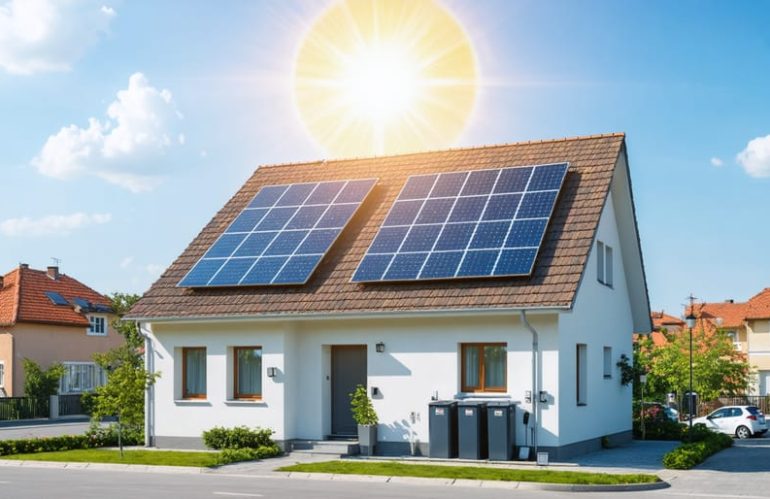 A modern home with advanced solar panels and smart monitoring technology illustrating the concept of self-sustainable energy through solar advancements.