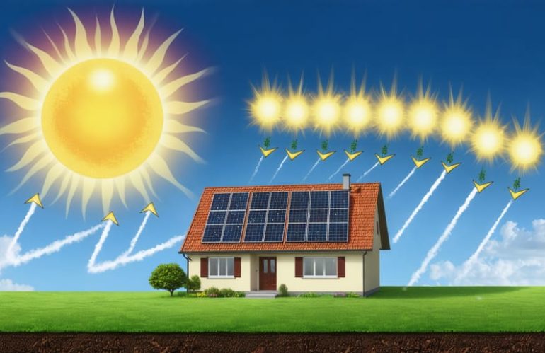 Conceptual illustration of the Sun's solar cycles and a modern home with solar panels, illustrating the impact of solar activity on home energy production across different weather conditions.