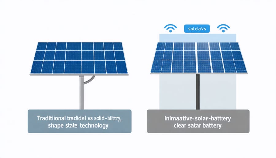 Side-by-side comparison diagram of conventional and solid-state solar battery technology