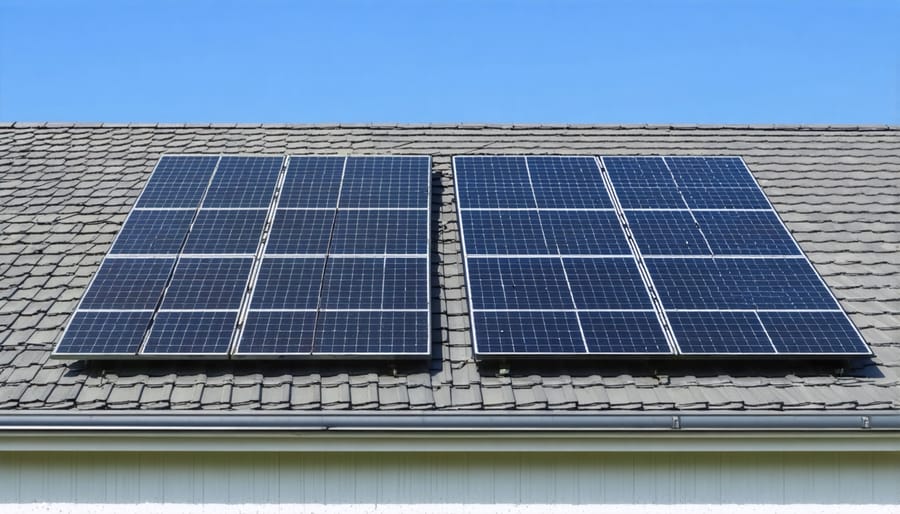 Split image showing traditional solar panels on left roof and integrated solar shingles on right roof