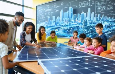 Students and adults participating in a solar education workshop, learning about solar panels with a futuristic cityscape depicting solar integration in the background.