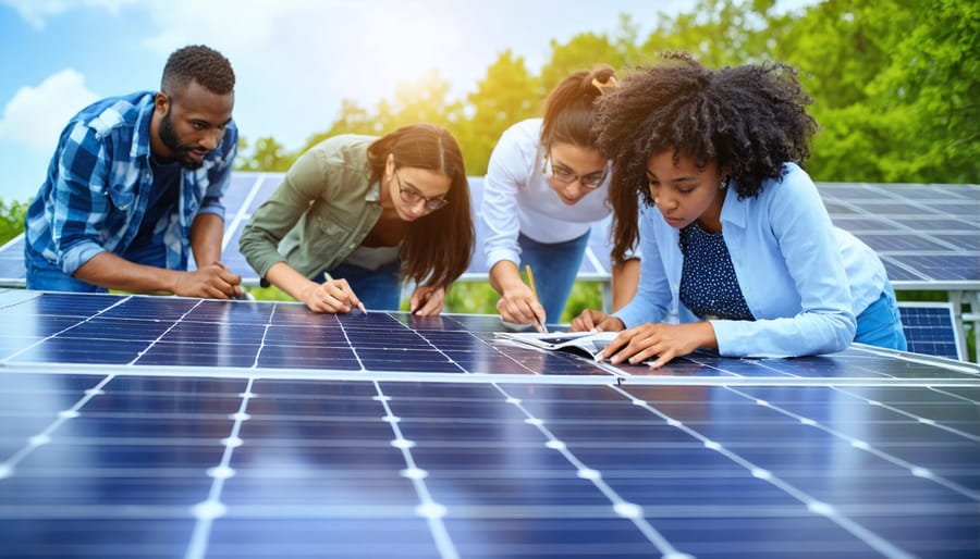 Community members learning about solar panel installation during a hands-on workshop