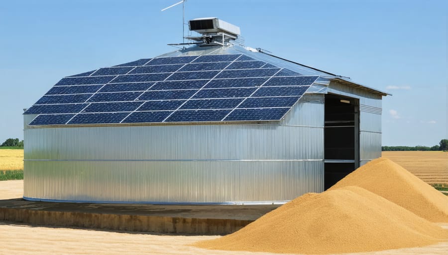 Large grain storage facility with solar panels and drying equipment