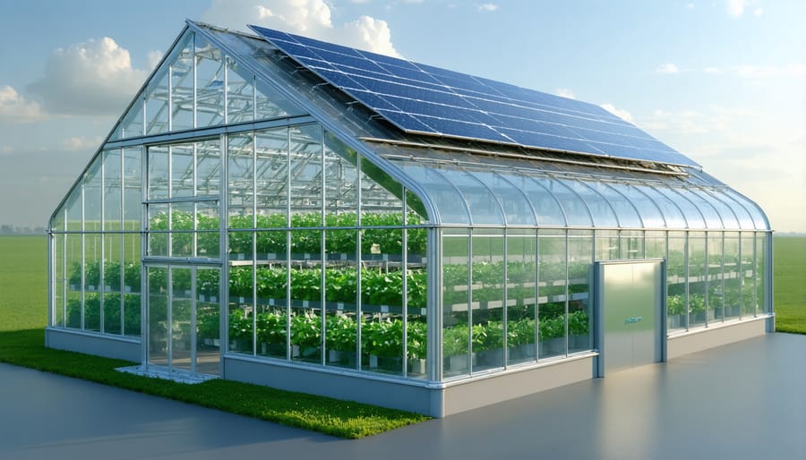 Agricultural greenhouse equipped with solar panels and visible ventilation systems