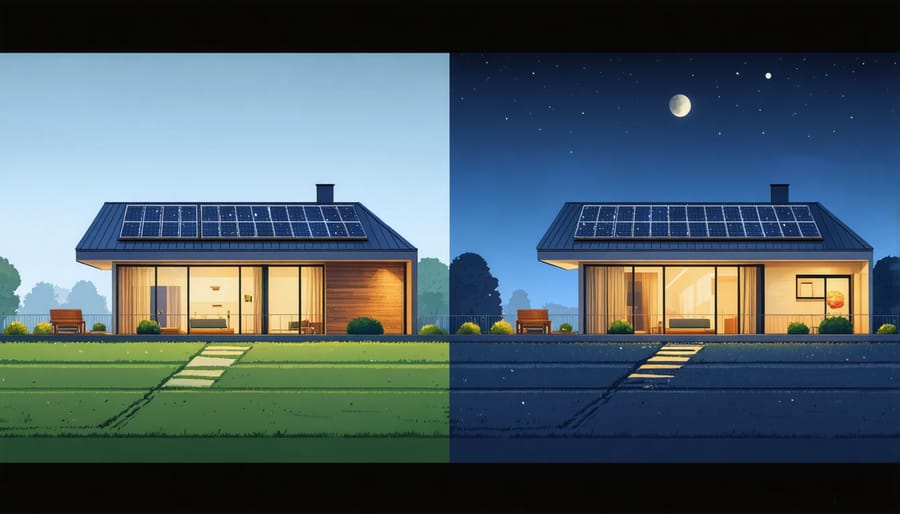 Side-by-side comparison of a solar-powered home operating during daytime and nighttime with battery backup