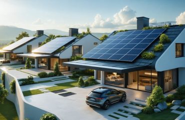 A vibrant scene of homes featuring advanced solar panel technologies like perovskite cells, bifacial panels, and solar roof tiles, emphasizing modern residential energy solutions.