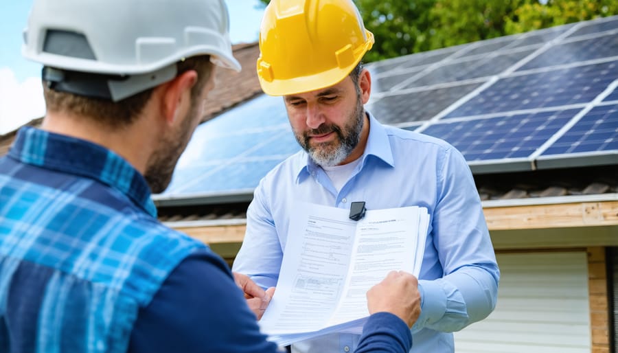 Professional insurance agent discussing solar system coverage with client while reviewing paperwork