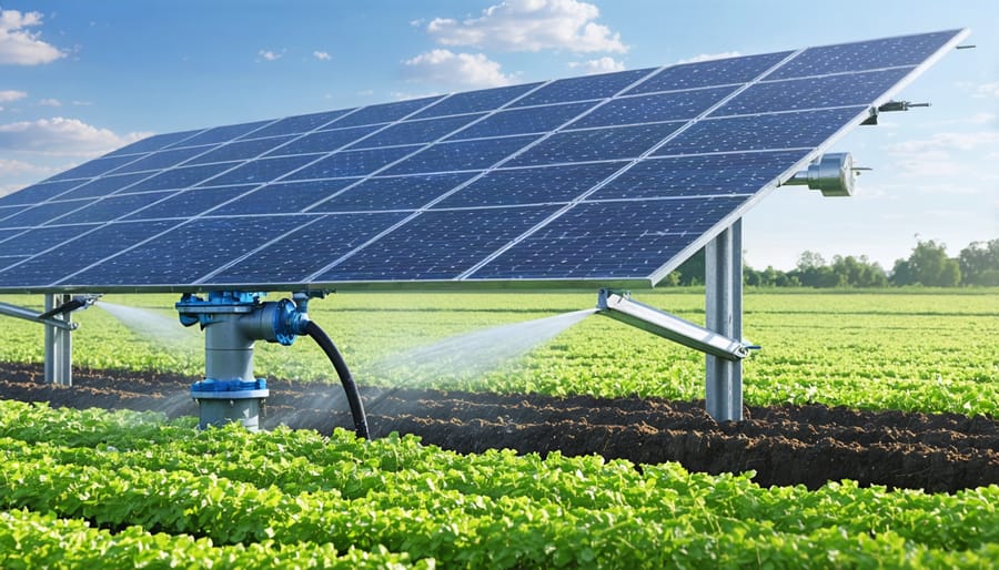 Solar panels powering an irrigation system in a green agricultural field with water sprinklers active