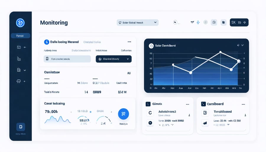 Smartphone app displaying solar panel performance metrics and security alerts