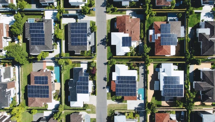 Bird's eye view of residential solar panels across multiple rooftops in a suburban community