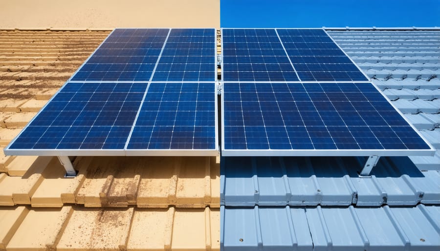 Side-by-side comparison of clean and dirty solar panels with performance metrics displayed