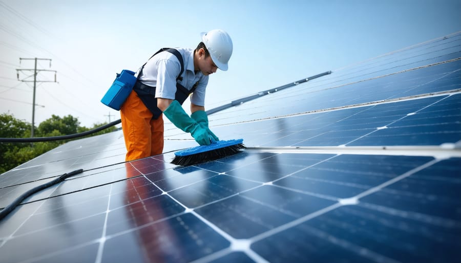 Demonstration of proper solar panel cleaning methods using appropriate safety equipment