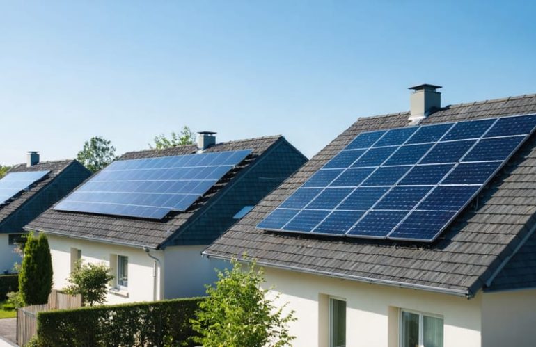 Sunlit suburban neighborhood with rooftops covered in solar panels, highlighting dropping installation costs and increased accessibility for homeowners, complemented by subtle chart elements in the sky.