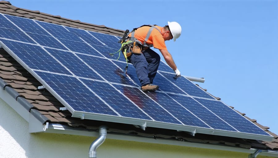 Solar technician installing panels on a sloped residential roof