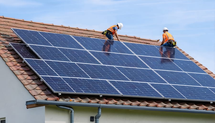 Solar panel installation team mounting photovoltaic panels on a suburban home roof