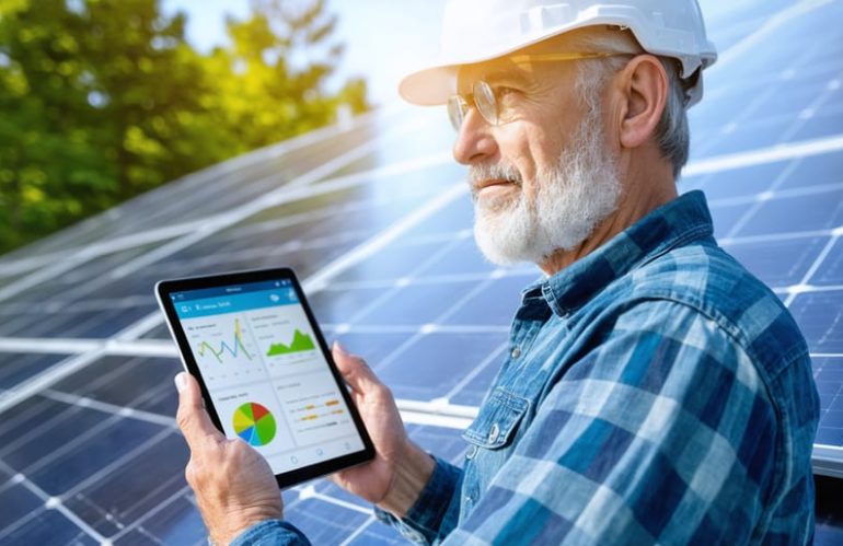 A homeowner examines a solar monitoring dashboard on a tablet with clean solar panels in the background, highlighting solar energy performance and efficiency.