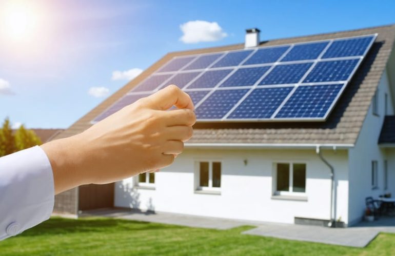 A house with solar panels on its roof, illustrating the concept of warranty transfer during home sales, with overlay elements representing documents and paperwork.