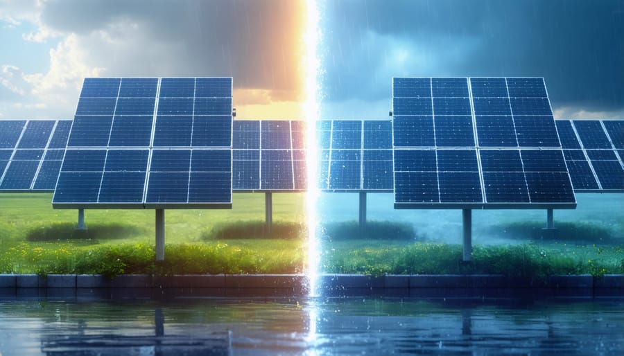 Comparison of solar panels operating in sunny, cloudy, and rainy conditions