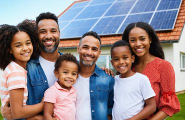 Diverse families proudly standing in front of houses equipped with solar panels, symbolizing accessibility of solar energy for low-income households.