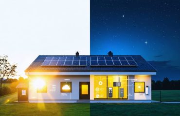 A split-screen image of a modern home with solar panels, showcasing energy generation during the day and stored energy use at night, highlighting the efficiency of energy storage systems.