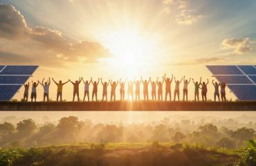 Diverse communities reaching towards a radiant sun, symbolizing unity and equitable access to solar energy through a bridge formed by transparent solar panels.