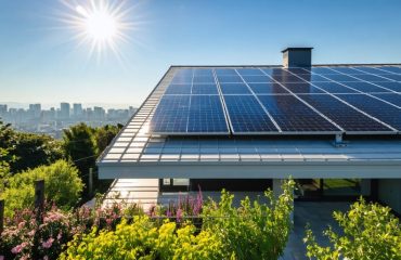 A modern home with rooftop solar panels amidst a thriving garden under a sunny sky, representing solar energy's role in sustainable living and environmental transformation.