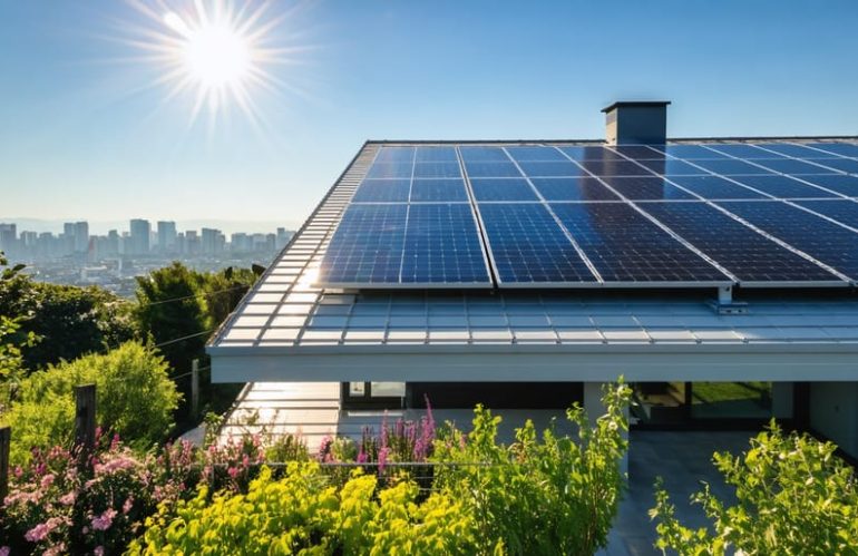 A modern home with rooftop solar panels amidst a thriving garden under a sunny sky, representing solar energy's role in sustainable living and environmental transformation.