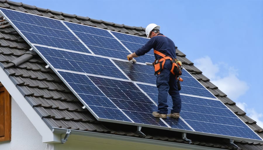 Licensed solar technician installing rooftop solar panels while wearing safety harness