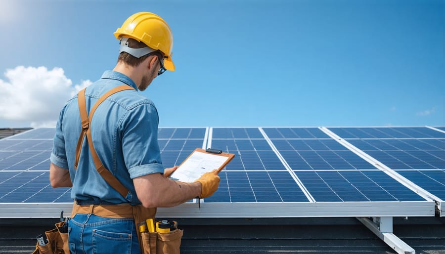 Professional inspector checking solar panel security features during maintenance