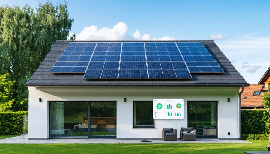 Energy efficient home featuring solar panels and digital energy management system