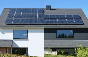 Split-view image of a residential roof with traditional solar panels on one side and integrated solar shingles on the other, highlighting options for solar energy solutions.