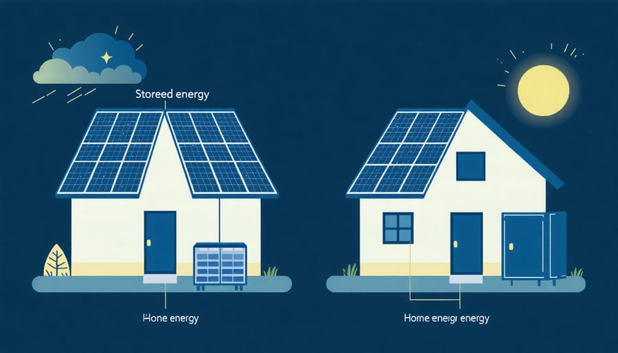 Day and night comparison of solar energy production and consumption with battery storage