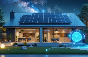 "Conceptual illustration of a solar-powered home with battery storage system transitioning from day to night, depicting energy independence through a seamless flow of energy."