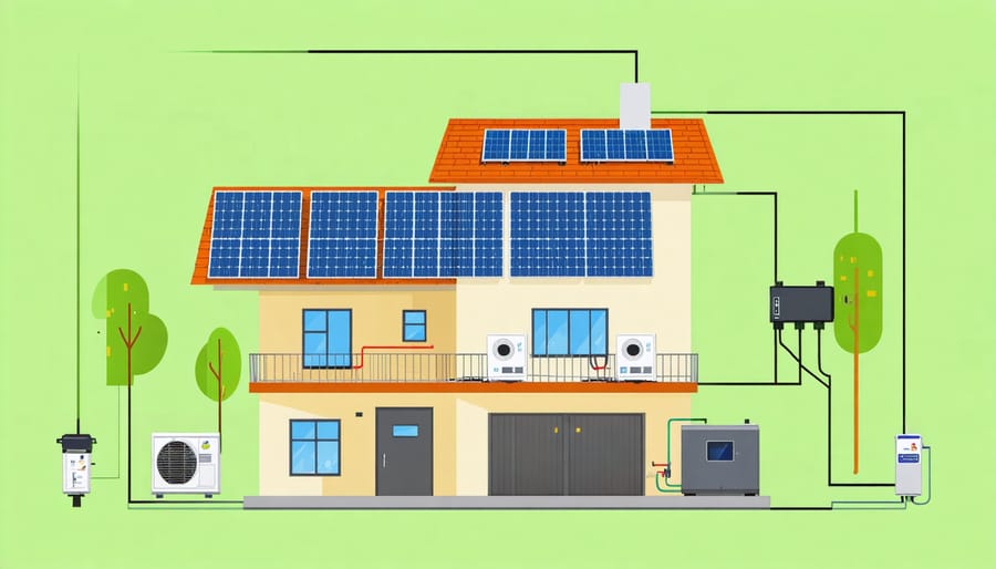 Technical diagram illustrating main components of a residential solar backup power system