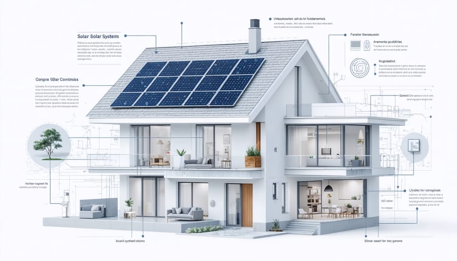 Detailed diagram showing solar panels, inverter, mounting hardware, and electrical components with labels