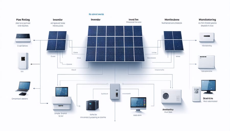 Labeled diagram of a complete residential solar power system showing interconnections between components